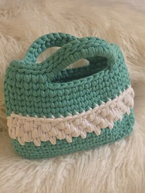 Handwoven Teal and Cream Mini Crochet Bag 11× 8.5  From the Handle to the Bottom